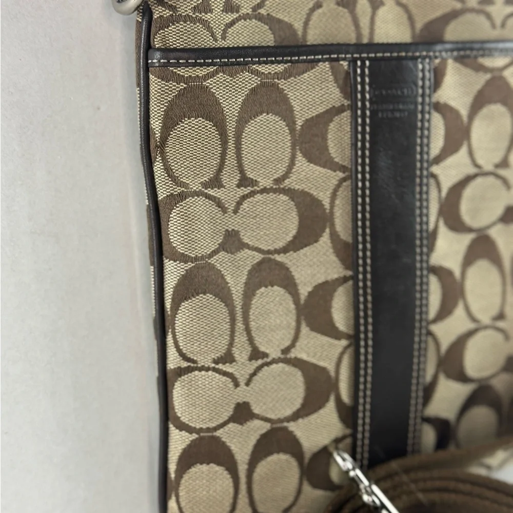 Coach Vintage Small Crossbody Bag Tan Logo Printed Canvas Brown Leather Accents.